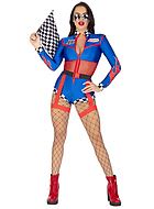 Kvinnelig racerförer, kostyme-romper, lange ermer, glidelås på forsiden, rutete mønster